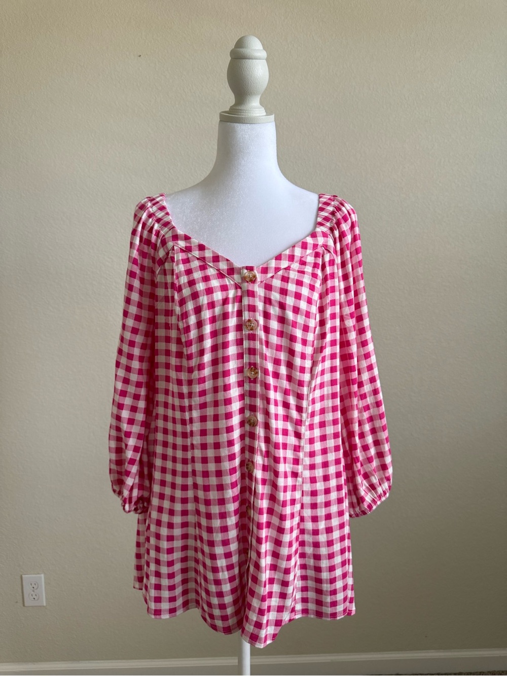 Torrid Fit Flare Button Up 3/4 Sleeve Gingham Pink Top 1X 14/16 NWT - Picture 15 of 15